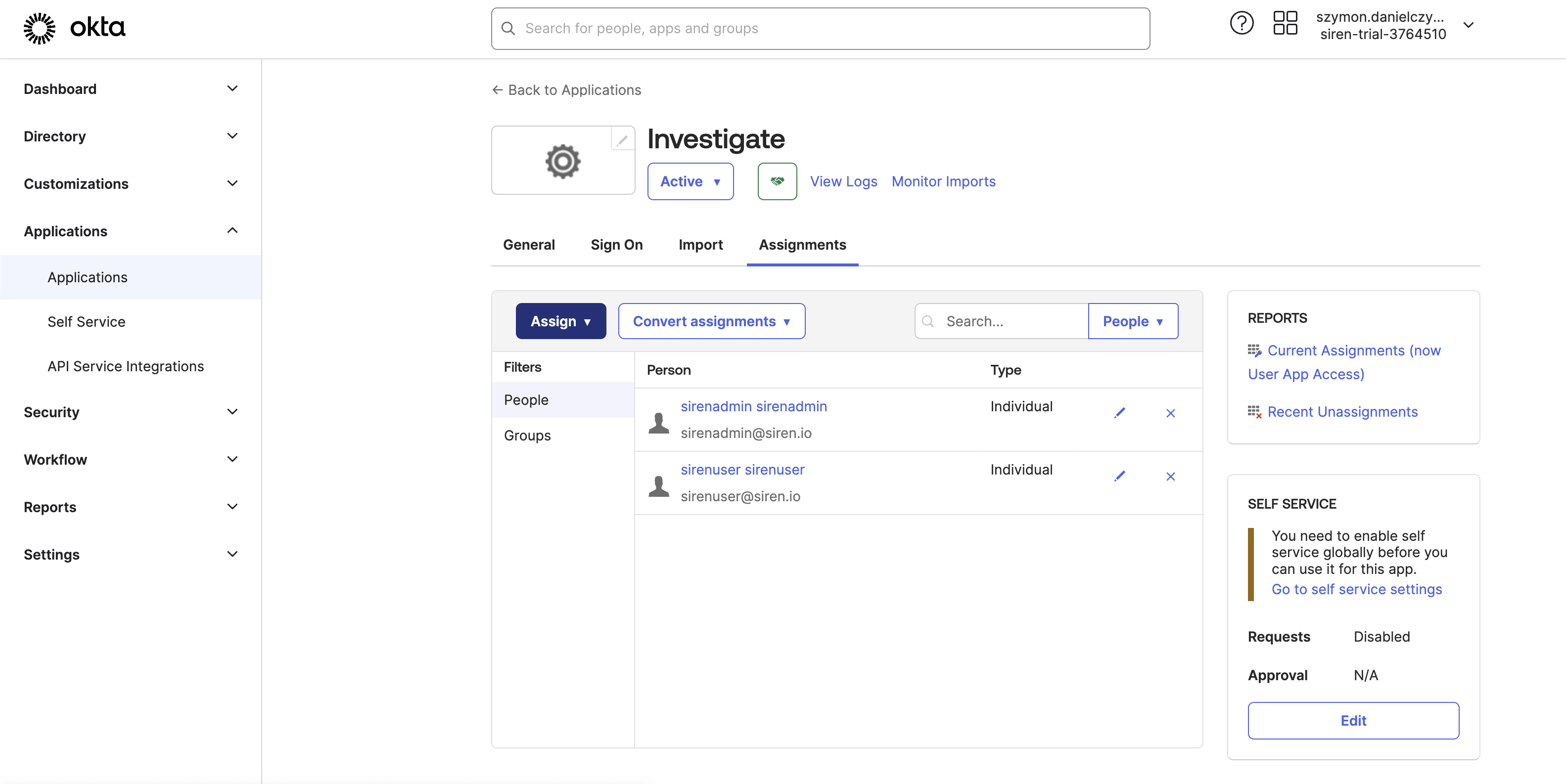 Assign users to Investigate app in OKTA