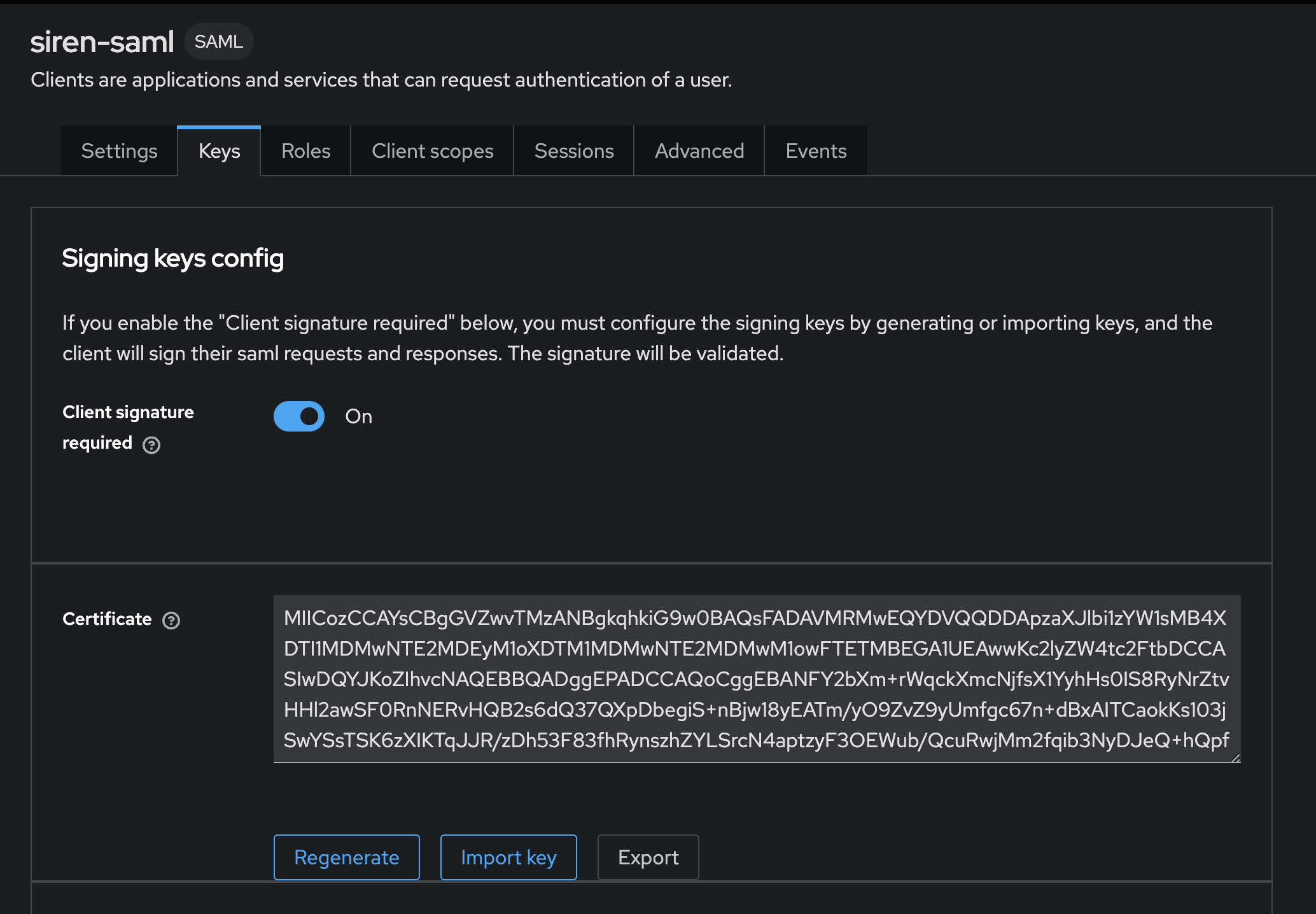 Configure keycloak client export keys