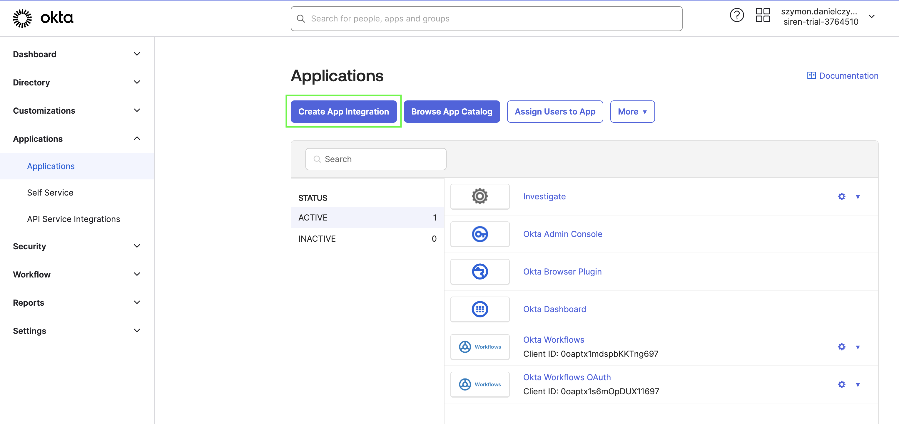 Create Investigate application in OKTA