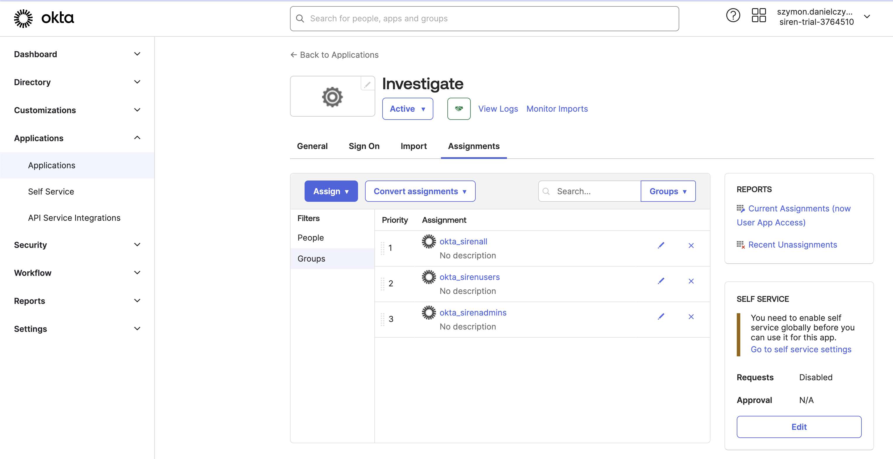 Assign groups to Investigate app in OKTA